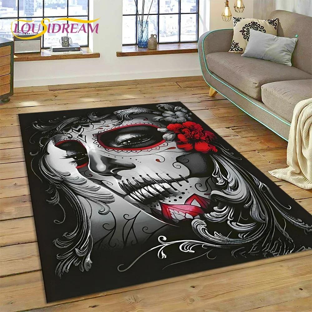 Totenkopf Totes Mädchen 3D Gothic Horror Weiblich Rose Teppich für Wohnzimmer Schlafzimmer Dekoration, Rutschfeste Dekoration für Sofa Fußmatte Geschenk