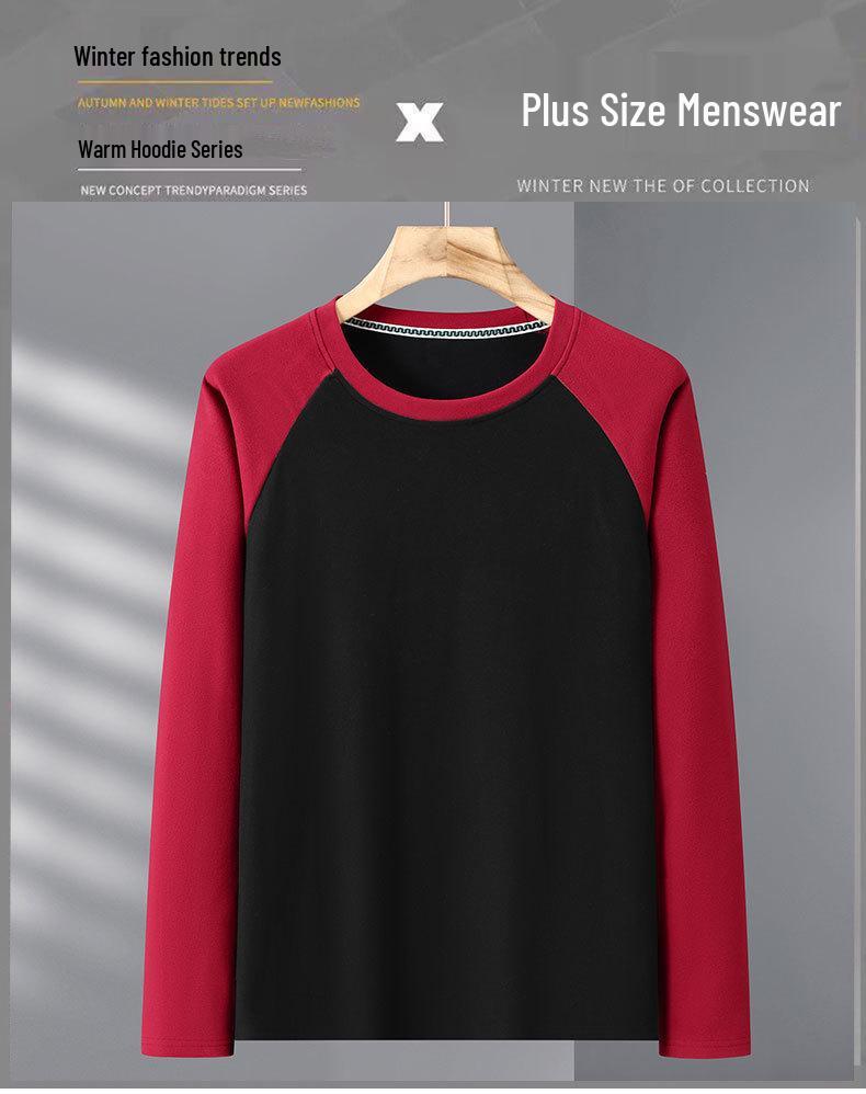 Men's Plus Size Velvet Base Layer Shirt with Color Block Raglan Sleeves – Extra Wide, Loose Fit, Thick Winter Wear, 330 Jin