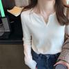 Ladies Autumn Winter Long Sleeve V Neck Casual Basic Solid Color Pullover Knitted T Shirt Top for Layering