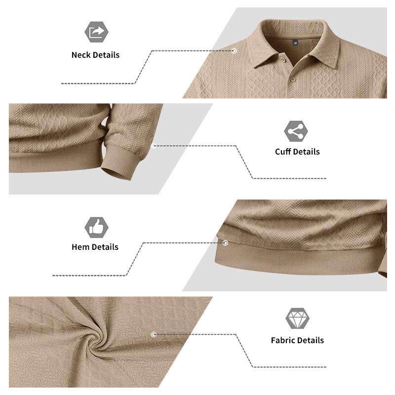 Men’s Heavyweight Jacquard Polo Shirt for Autumn/Winter: Casual Textured Diamond-Patterned Plain Long-Sleeved Crew-Neck Sweatshirt