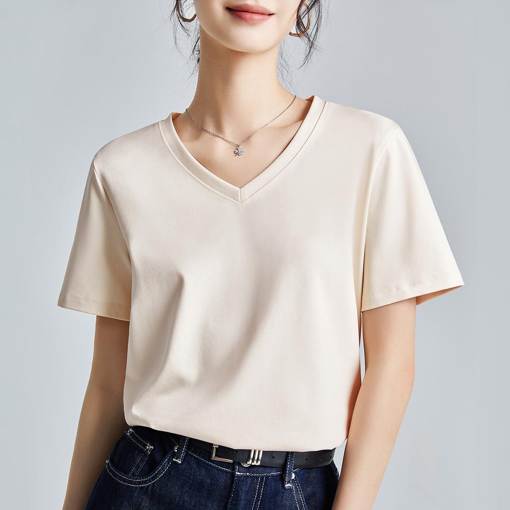 High-quality mercerized cotton women's short-sleeved new loose inner and outer wear round neck liquid ammonia bottoming shirt