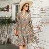 Autumn Winter Women Long Sleeve Print Elegant V-neck Casual A-Line Knee-Length High Waist Dress