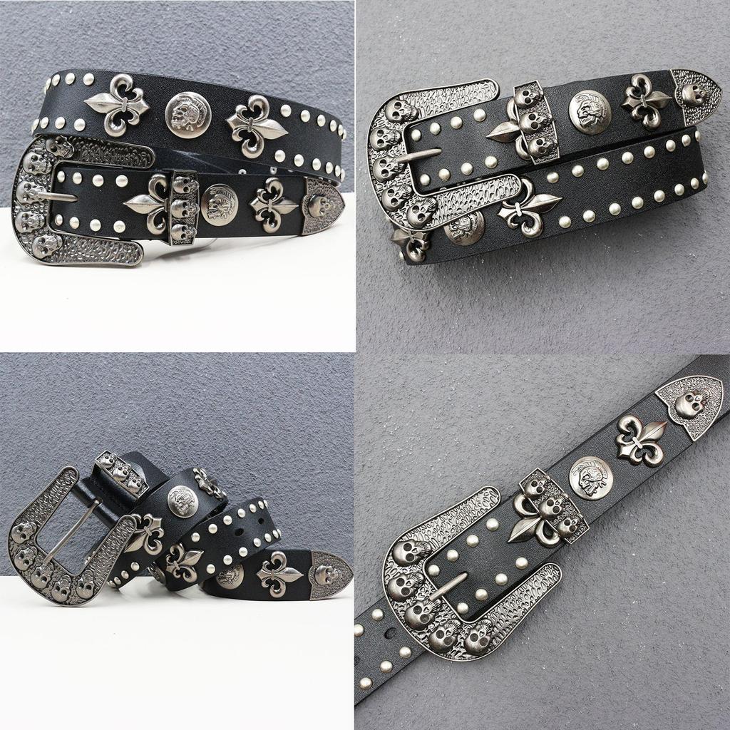 Unisex Y2K Punk Totenkopf Nieten Gürtel - Rindsleder, Nachtclub Stil