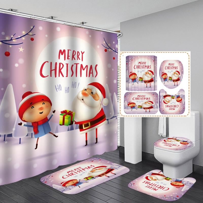 Christmas Bathroom Shower Curtain 4Pcs Set Snowman Santa Claus Pattern Waterproof Shower Curtain Toilet Cover Mat Non Slip Rug