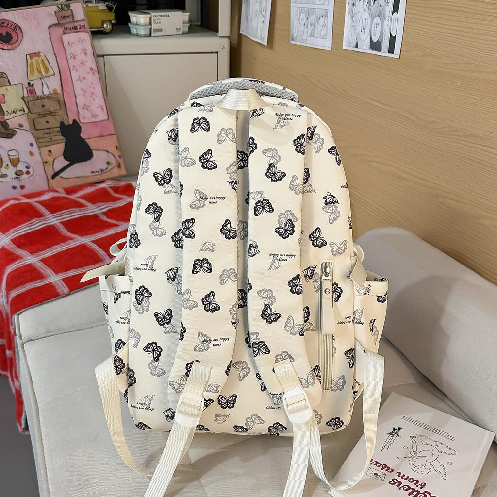 Schoolbag New Schoolbag College Style Light and Cute Backpack Junior High School Students Girls National Style Butterfly Printing Light Backpack