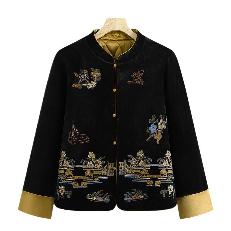 2025 Retro Chinese Style Silk Velvet Embroidered Jacket - Autumn/Winter Thickened Cotton Coat