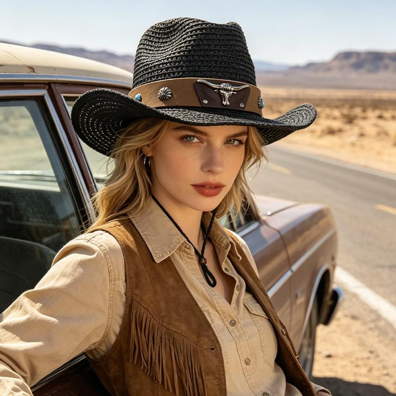 Straw Hat Women's Beach Sunscreen Straw Hat Men's Western Cowboy Hat Retro Solid Color Sunshade Hat