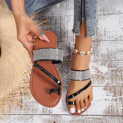 Slippers Set Toe A Word with Rhinestone Flat Bottom Slippers Female Summer Outside Wear Big Size Open Toe Beach Sandals Slippers Female