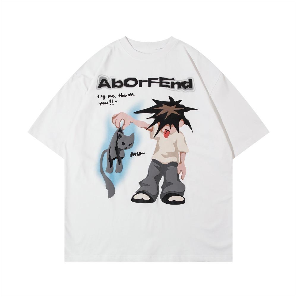 Summer Men's and Women's Cat Letter Print Cotton High Quality Street Fashion Brand Fun Short Sleeve T-shirt