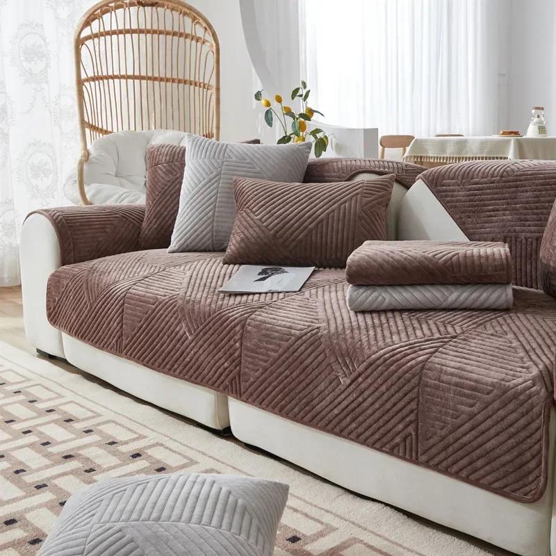 Winter Thickened Plush Sofa Mat Dust Proof Anti Slip Sofa Cover Solid Color Geometric Stripes Couch Cushion Suture Sofa Cushion