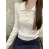 Pull tricoté en laine à col polo torsadé vintage automne nouveau pull d'apprêt de niche manches longues court pour femmes