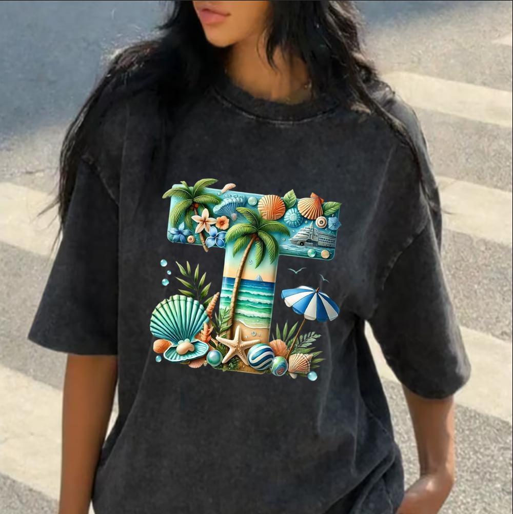 Letter Beach Graphic T Shirt Initial Monogram Tee Ocean Shell Print Summer Vacation Top Women Personalized Gift Shirt Y2k Tshirt
