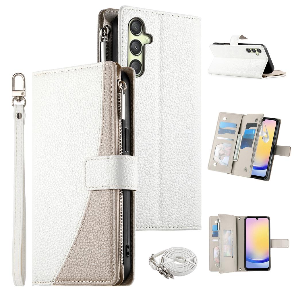 For Samsung Galaxy A25 5G (Global) (161.0mm) Etui Glidelås Lommebok Fargespleiset Lær Flip Telefondeksel med Stropper