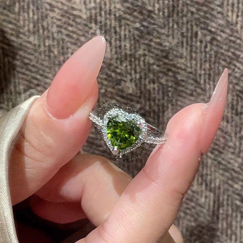 Retro Mustard Green Heart Ring - Trendy 2026 Style Open Index Finger Band for Women Adjustable Open Size
