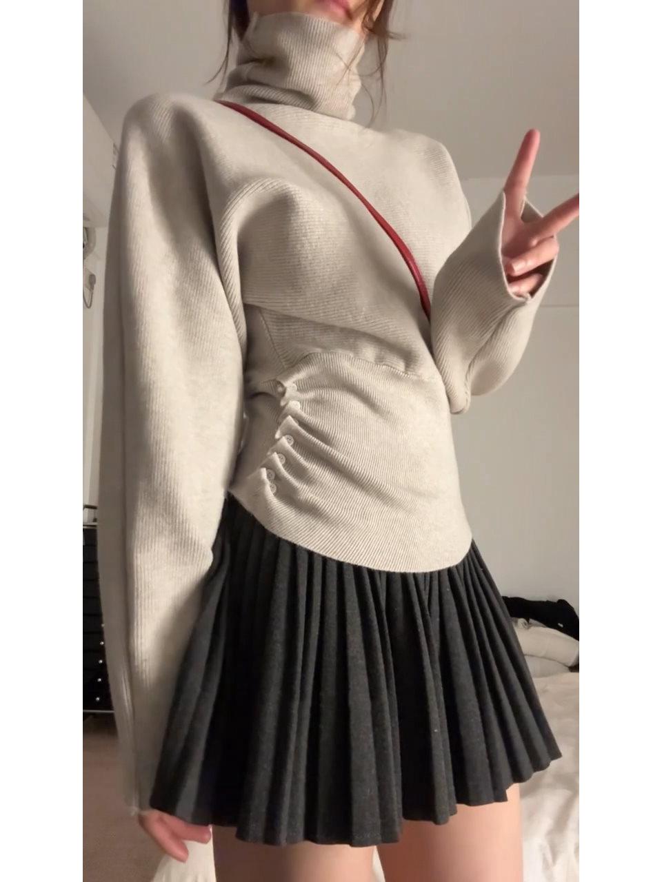 

Овсяный трикотажный свитер с высоким воротом и облегающего кроя для женщин: Весна-Зима L