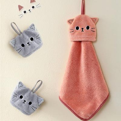 Handtuch mit Katzenstickerei, Heimdekoration, super saugfähig, zum Aufhängen, Korallensamt, Handtuch, Badezimmer, Küchenbedarf