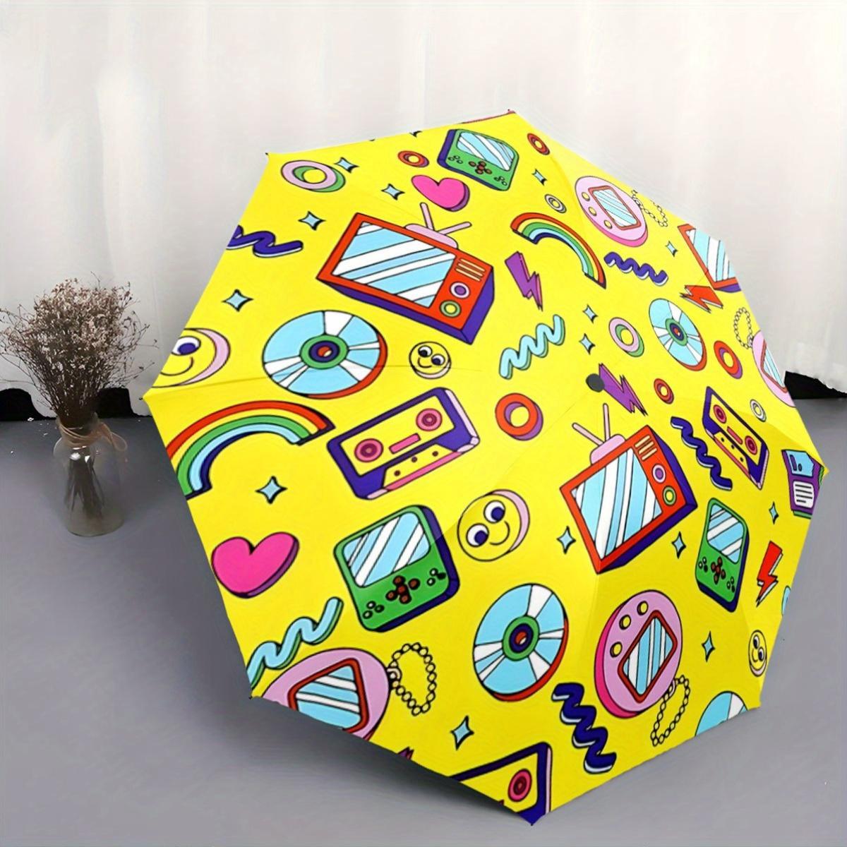 

Automatic Open/Close Umbrella with Retro TV, Cassette Tape & CD Designs - Vintage 80s/90s Tech Theme - Compact Folding Umbrell Iron&8K