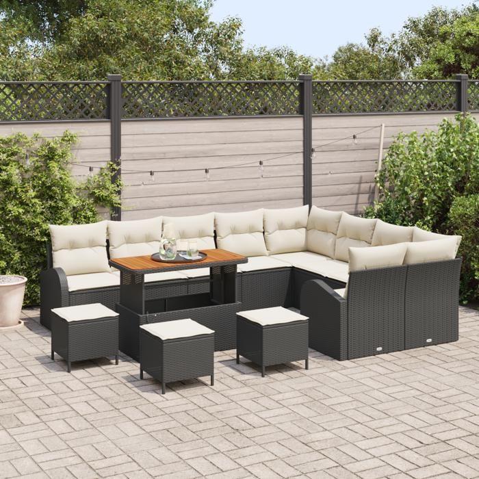 Ensemble de canapés de jardin de 13 pièces avec coussins en rattan poly noir, Canapé de jardin 2 places avec rangement 3364390