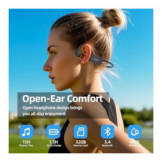 Tayogo Bone Conduction Earphones, Bluetooth 5.4 with Microphone, IPX8 Completely Waterproof, Wireless, Open Ear, 32GB Built-in Storage, Swimming
