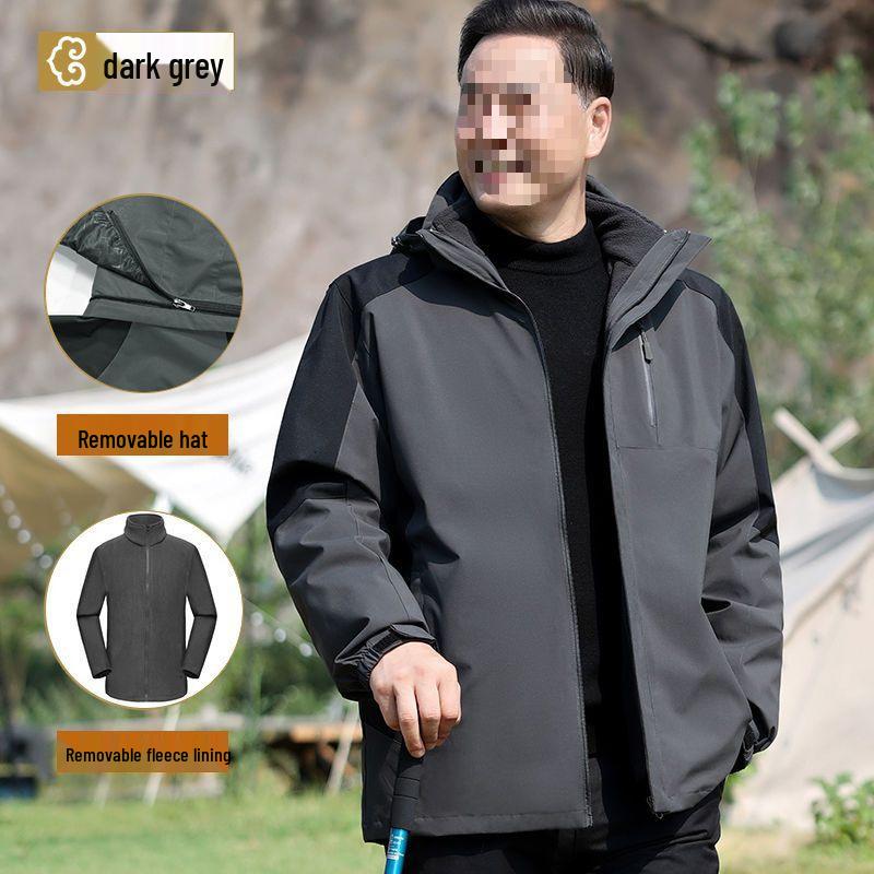 Men’s Three-In-One Windbreaker: Plus Velvet Detachable Jacket for Middle-Aged and Elderly – Perfect for Spring and Autumn.