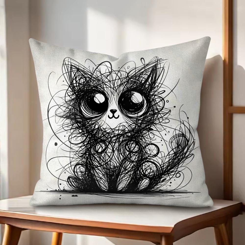 Whimsical Cat Cushion Cover Natural Linen Organic Fabric DoubleSided Printing Couch Pillow Covers Home Decor Gift