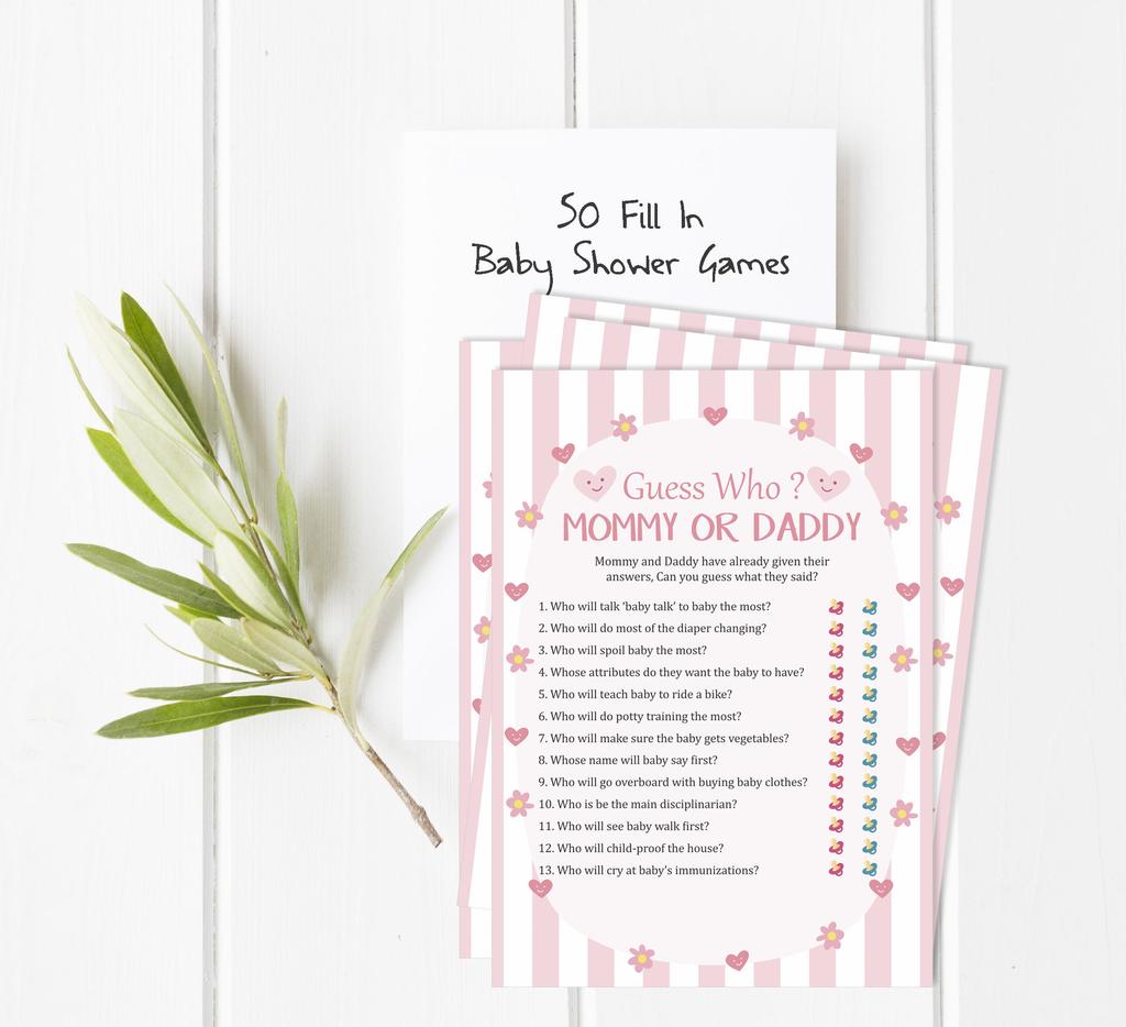 Inkdotpot Mommy Or Daddy Who Said it Game Stripe Gender Neutral Set of 50 Fun Baby Shower Game Party Supply