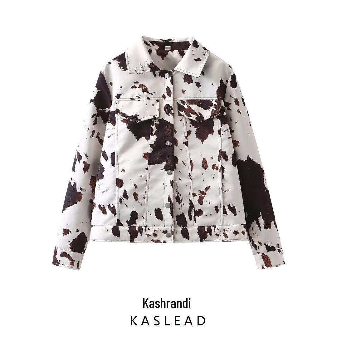 

2024 Women s Autumn European & American Style Turn-Down Collar Printed Jacket with Long Sleeves Small