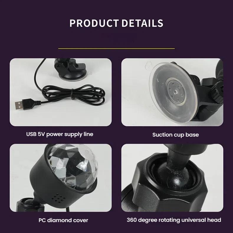 Mini USB LED Atmosférická Lampa do Auta s RGB Automatickou Rotací, Disko Noční Světlo na Pódium pro Auto, Vánoční Dekorace, KTV, Domácí Párty, Bar