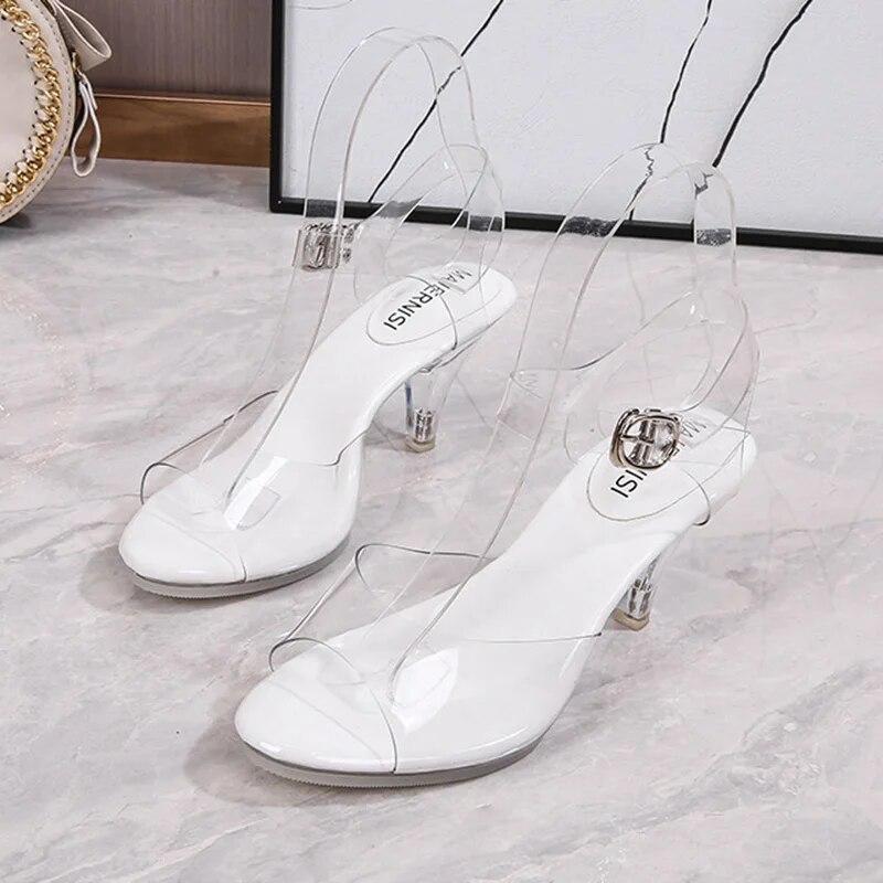 Stilettoskor för damer med lång mun Kristall Transparent korsrem Mode 7 cm Klack 1 cm Plattform WZ