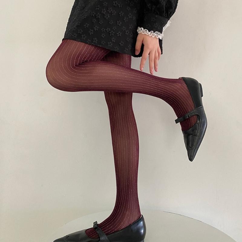 Women Thin Colored Stockings Shimmering Striped Sexy Semi Sheer Pantyhose Tights