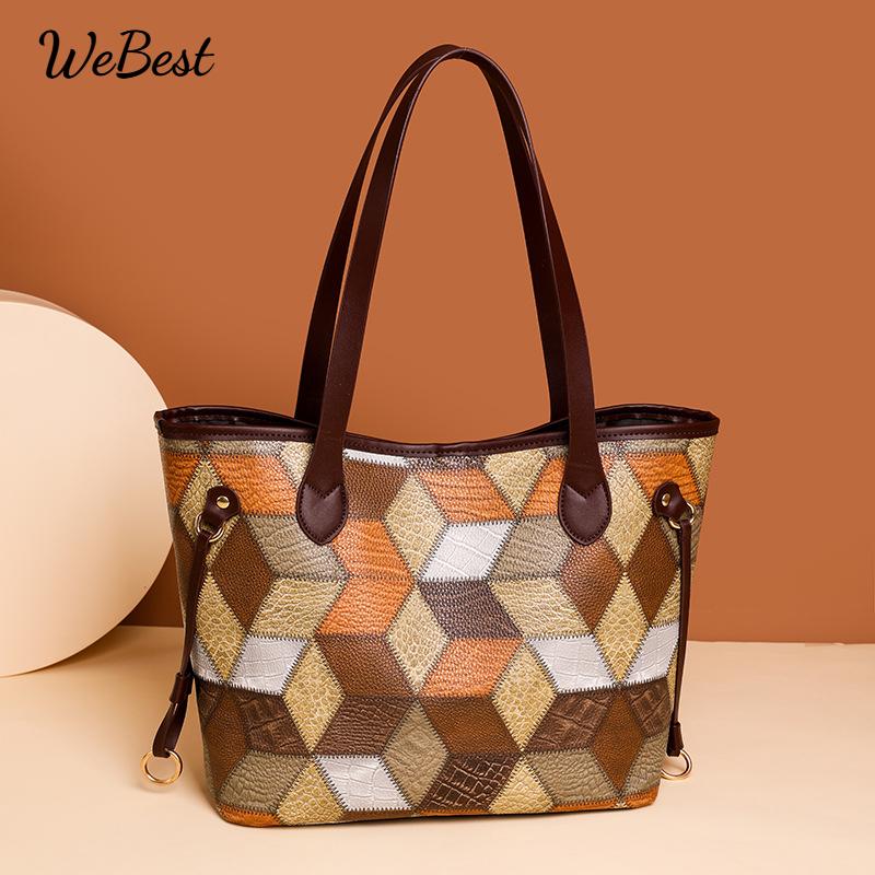 

Simple Colorblock Large Capacity Tote Bag Soft PU Leather Casual Handbag
