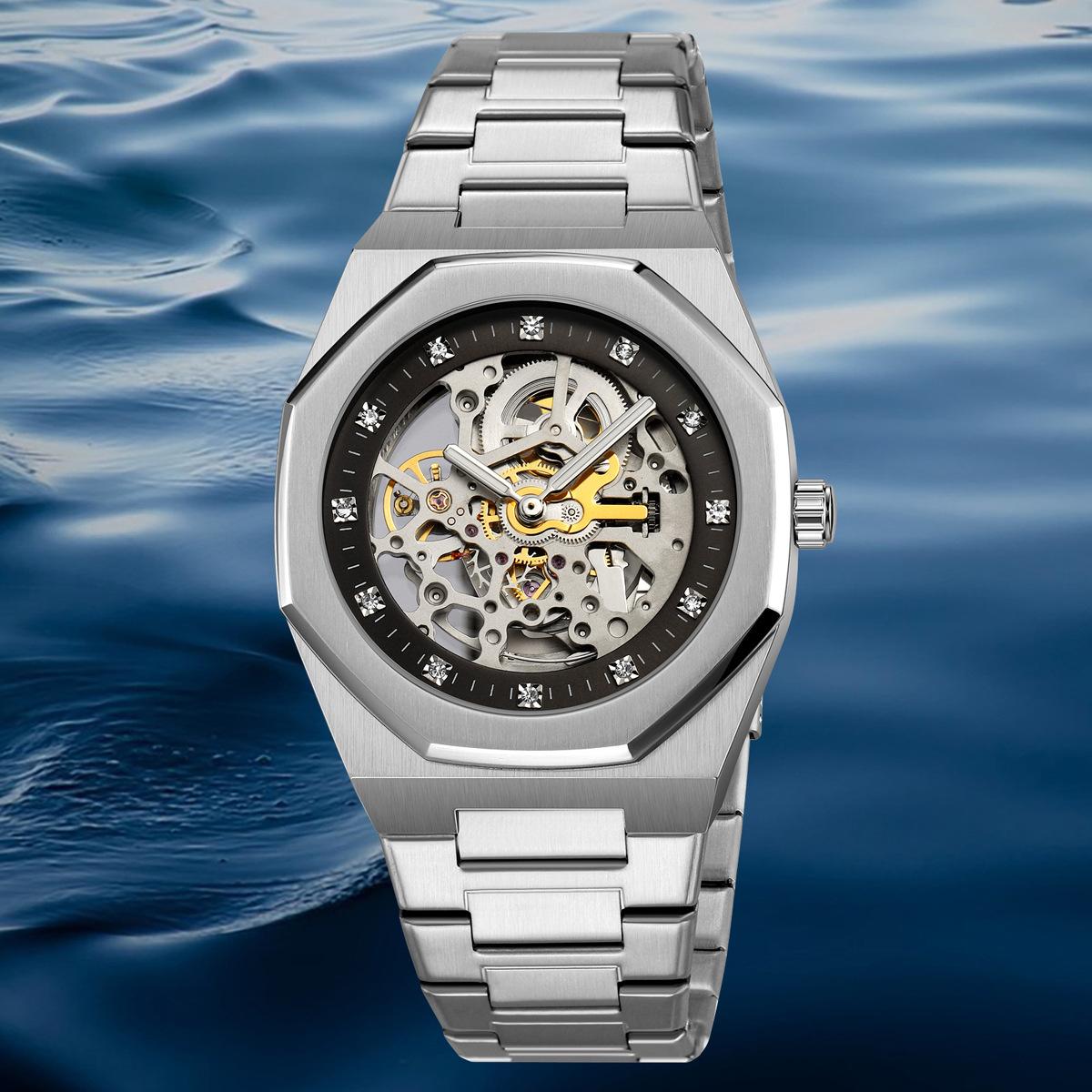 

New Tourbillon Automatic Hollow Mechanical Watch Men s Steel Belt Watch серебряный
