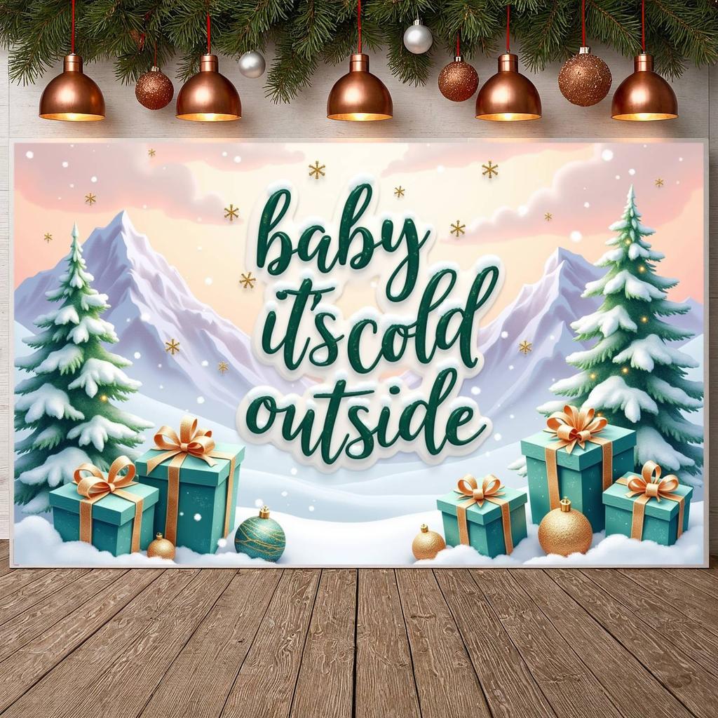 Cold Outside Banner Gift Box Winter Backdrop Christmas Backdrop Green Lettering Xmas Banner For Holiday Celebration Christmas