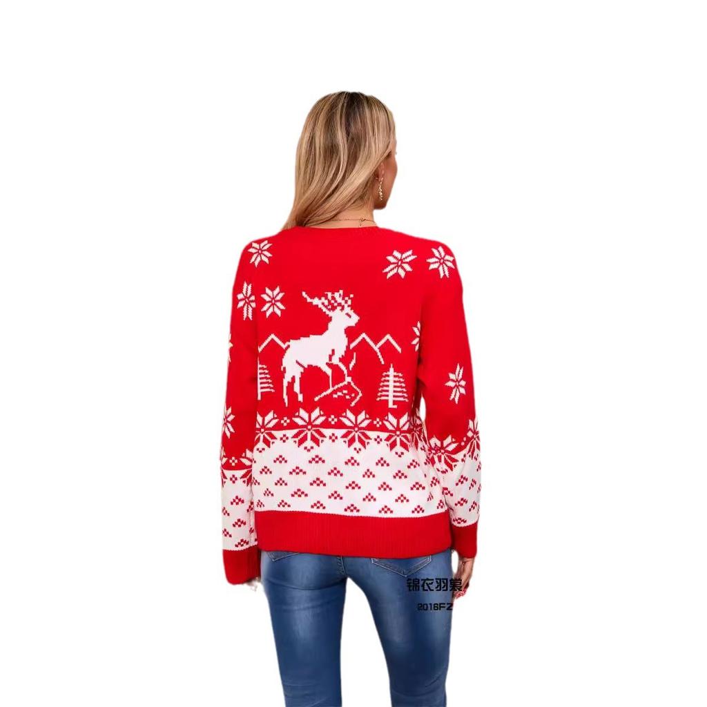 Pulover de Crăciun de iarnă pentru femei, cu gât rotund, pulover roșu