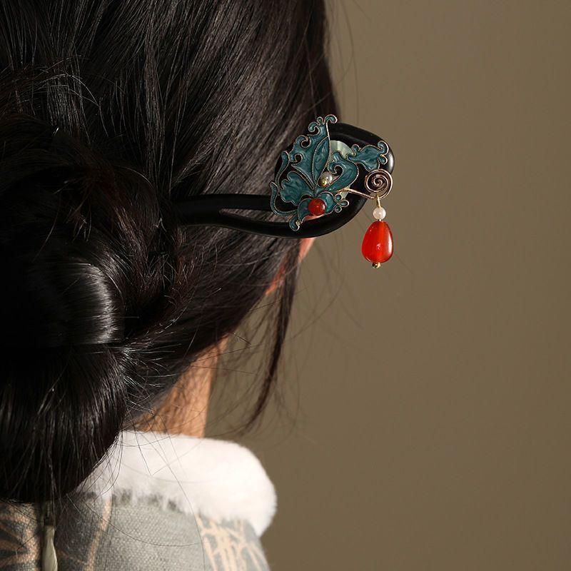Butterfly Enamel Ebony Hairpin Retro Chinese Style Daily Bun Hair Stick Cheongsam Hair Ornament