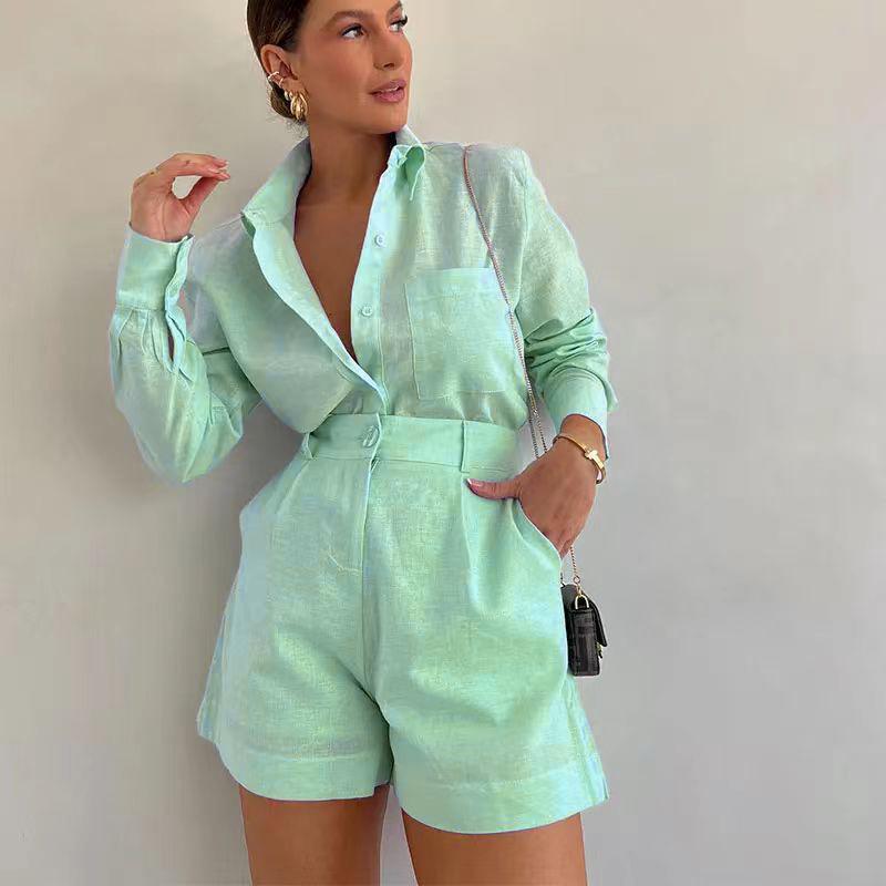 2024 Trendy Women's Casual Suit: Long Sleeve Shirt & Shorts Set