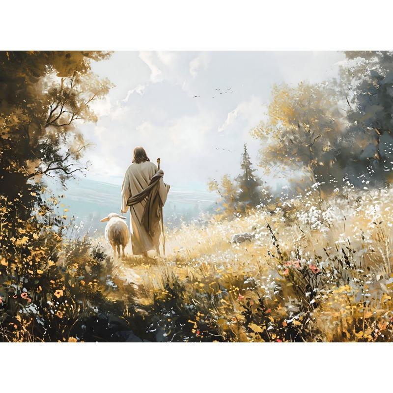 Watercolor Jesus and Landscape Christian Bible Verse Shepherd Poster Canvas Painting Wall Art Pictures Home Living Room Decor