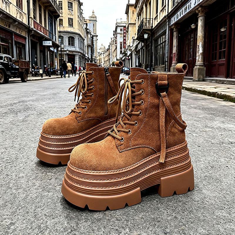 British style small thick heel lace-up Martin boots women's 2025 autumn new round head women's boots retro medium tube short boots