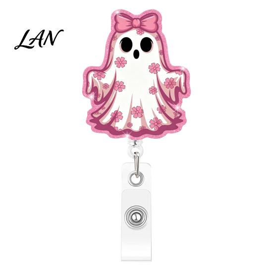 Lightweight Retractable Badge Holder Halloween Ghost Reel, Glitter Acrylic Clip, Cute Pink Smooth Cord Reel ID Name for Women Nurse Teacher