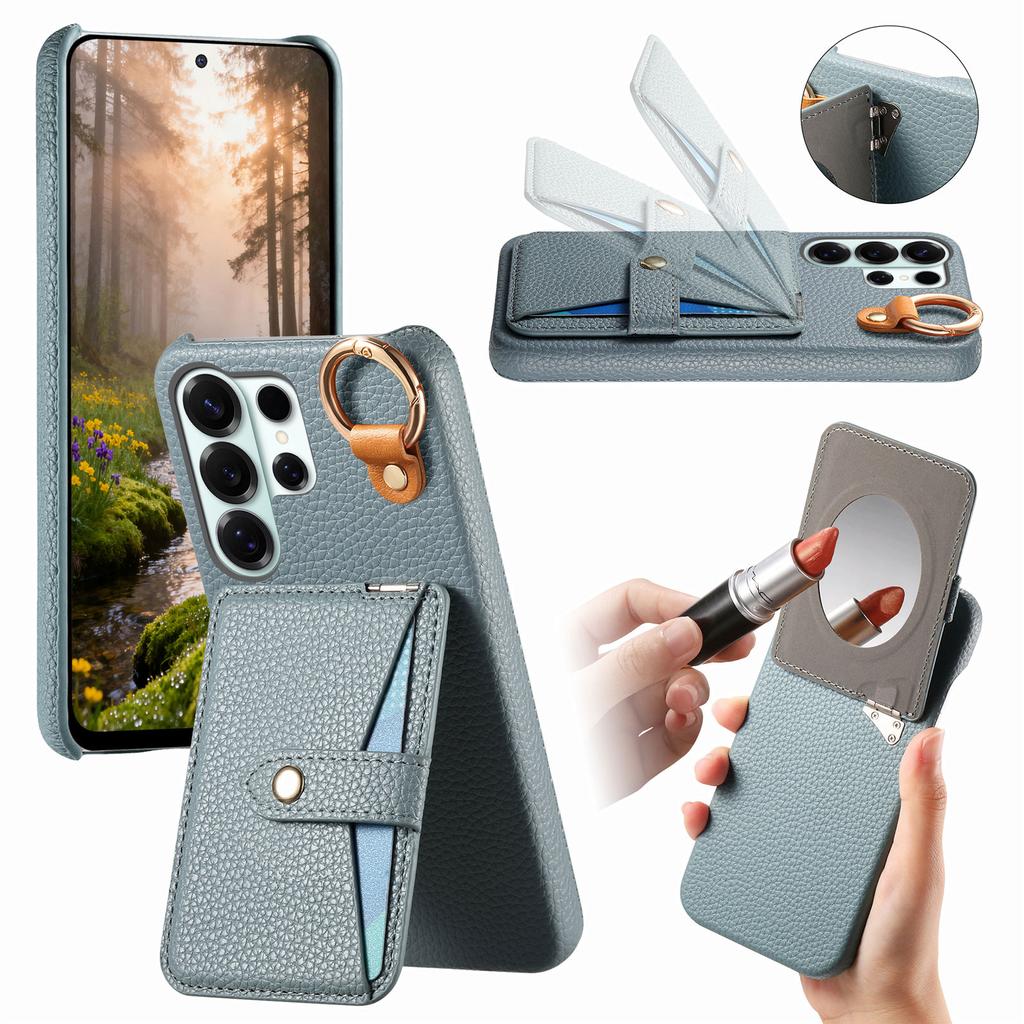 Card Solt Ring  Holder Leather Case For Samsung S26 Ultra S25 S24 Plus S23 S22 A17 A07 with Makeup Mirror Shockproof Stand Cover