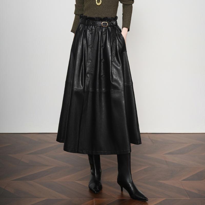 Women's Elegant Lambskin High Waist Pleated A-line Skirt, Mid-length Korean Style