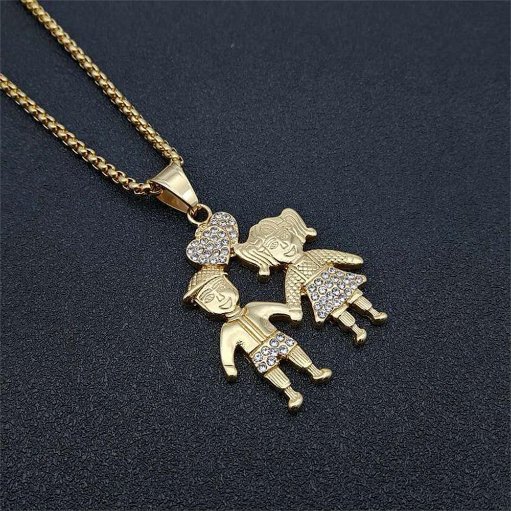Hip Hop Iced Out Cartoon Boys and Girls Pendant Gold Color Stainless Steel Lovers Couple Necklaces For Women Men Jewelry Gift