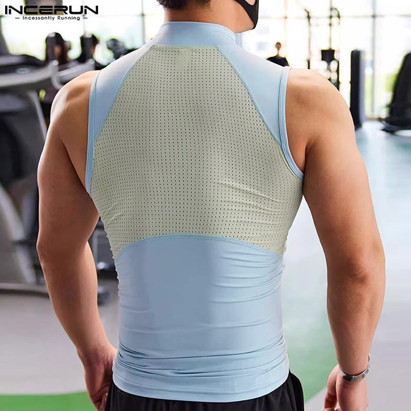INCERUN Summer Men Sleeveless Back Patchwork Stretch Skinny Tank Tops T-shirts