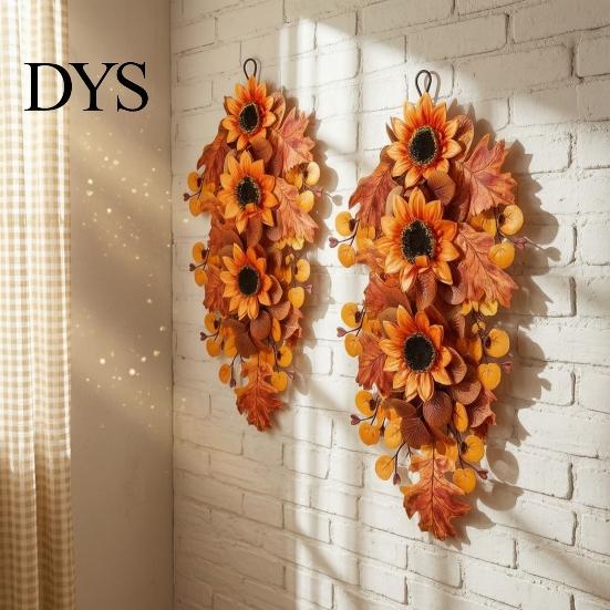 Decorative Sunflower Berries Garland Fall Maple Leaf And Teardrop Swag for Farmhouse Front Door Decor, 50x37cm Realistic Foliage Wreath Artificial