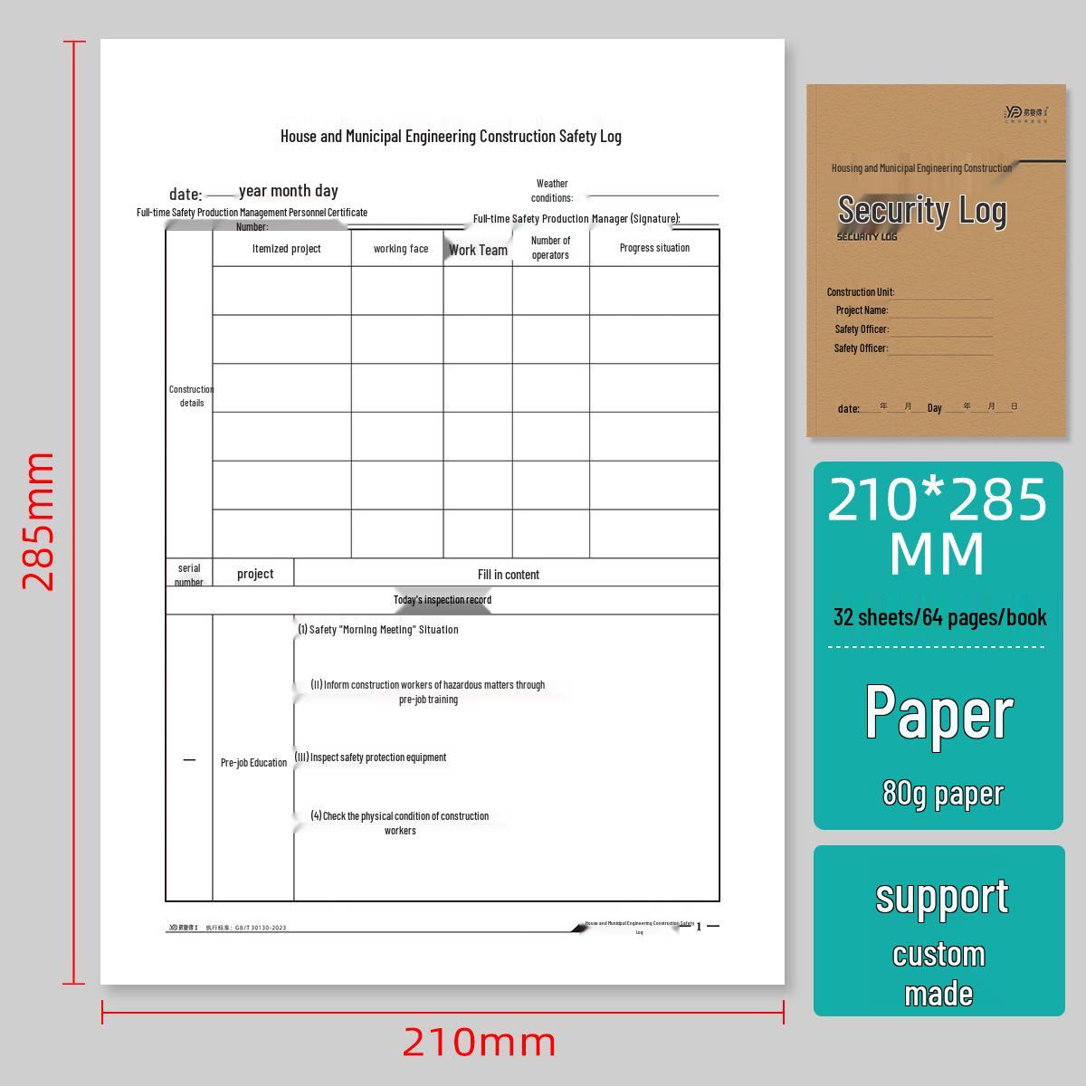 Municipal Safety Construction Log: New Edition Daily Record Book for Engineering Management 16 items, 64 pages