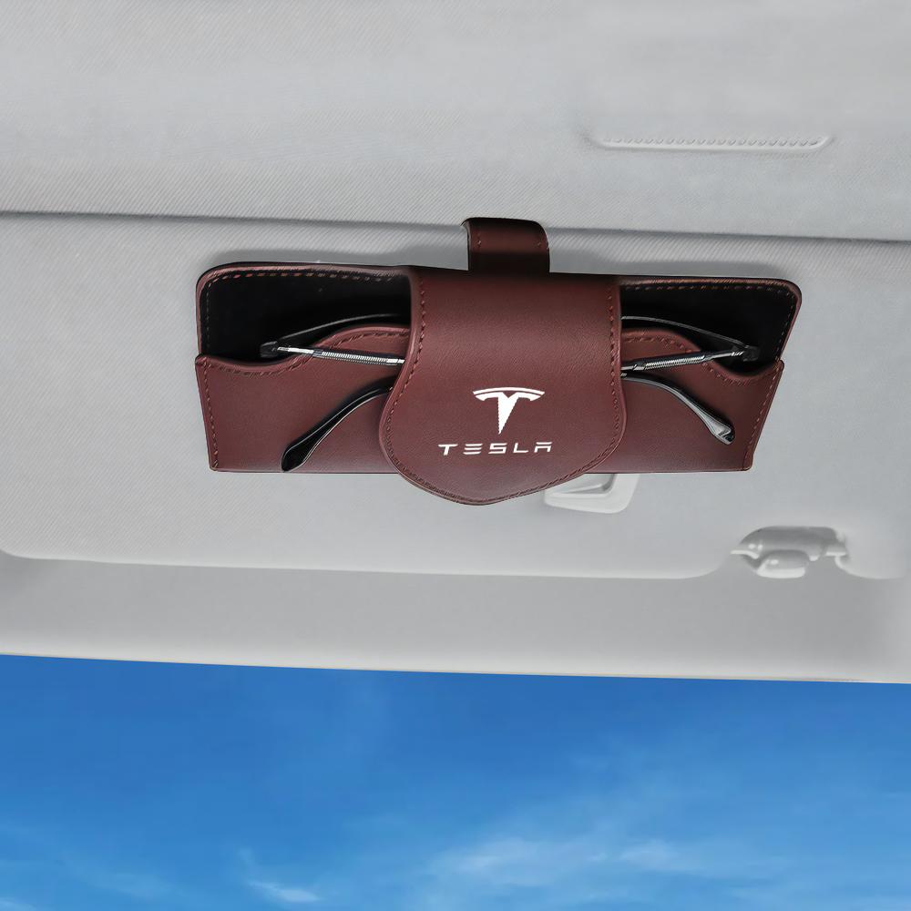 CRWOQ1 1/2Pcs Car Glasses Clip Sun Visor Sunglasses Leather Storage Case For Tesla Model 3 Y S X Roadster Cybertruck Juguete SpaceX