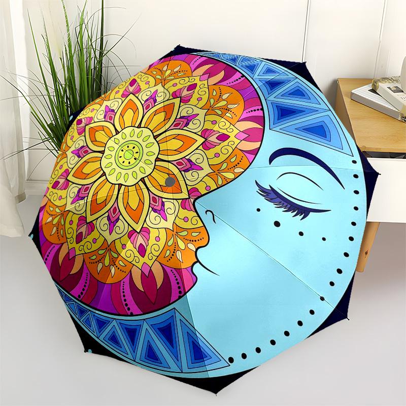 1pc Moon Mandala Art Umbrella with Plastic Handle,Vibrant Cartoon Pattern,Multi-functional UmbrellaPT084