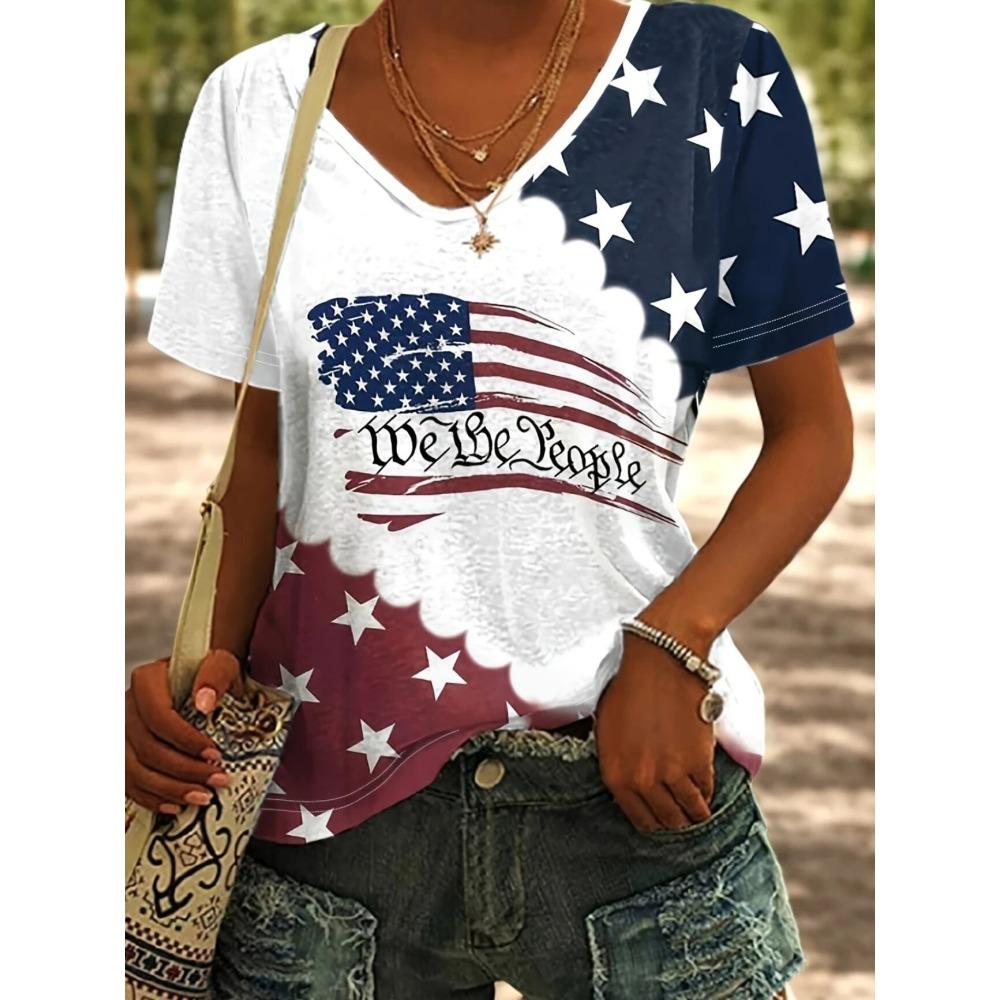 New Star Print Women's T-Shirt Plus Size Top America Flag Summer Women's Trendy Clothing Short Sleeve Shirt V-Neck Blouse