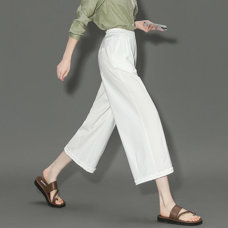 

Women s Cropped Lace Trim Elastic Waist Casual Pants M