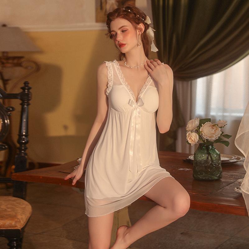 Nightgown Set for Women Springtime and Hot Season Solid Color Nightgown with Padded Lace Sweet Robe for Women